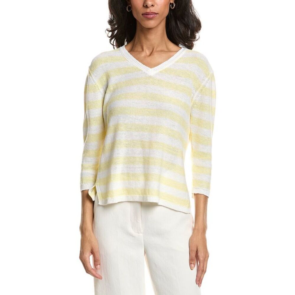 Forte Womens  Beach Stripe V-Neck Linen Sweater, White